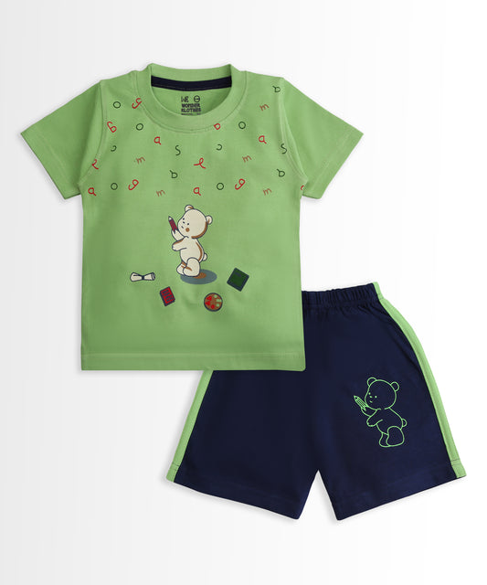 Teddy Alphabet Half Sleeves T-Shirt & Half Pant Set | Green