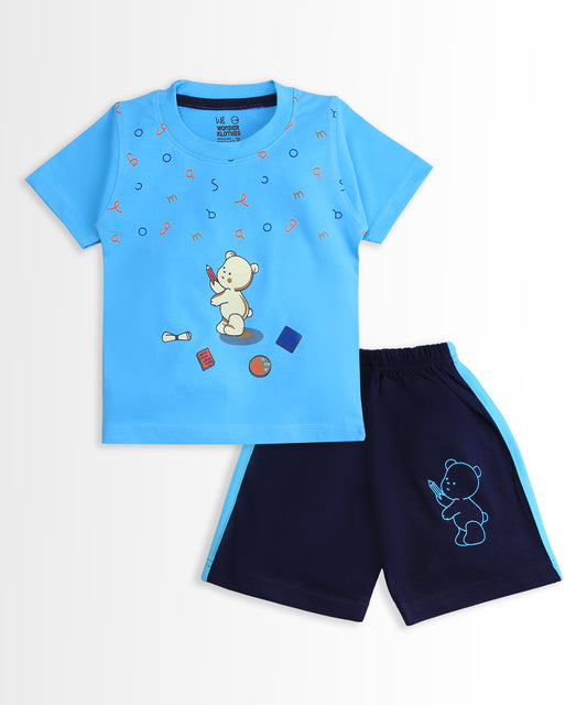 Teddy Alphabet Half Sleeves T-Shirt & Half Pant Set | Blue