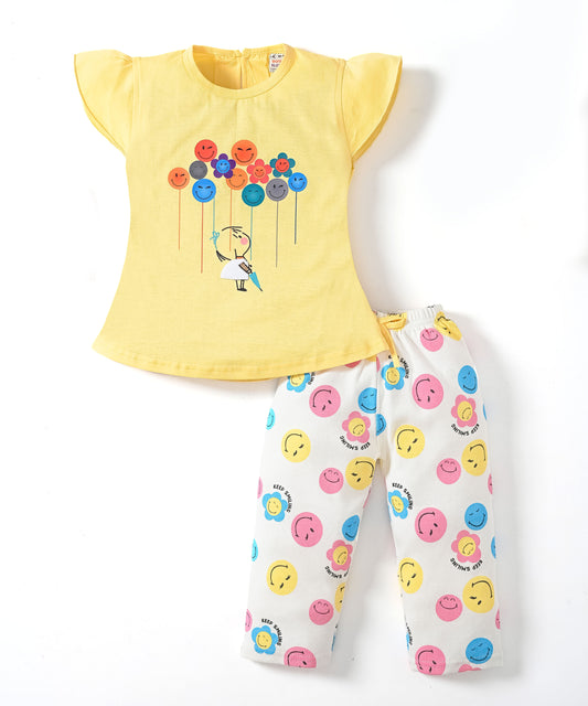 Smiley Faces Short Sleeves Top & Full Pant Set | Yellow