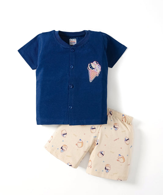 Sweet Scoops Half Sleeves Front Open T-Shirt & Half Pant Set | Blue