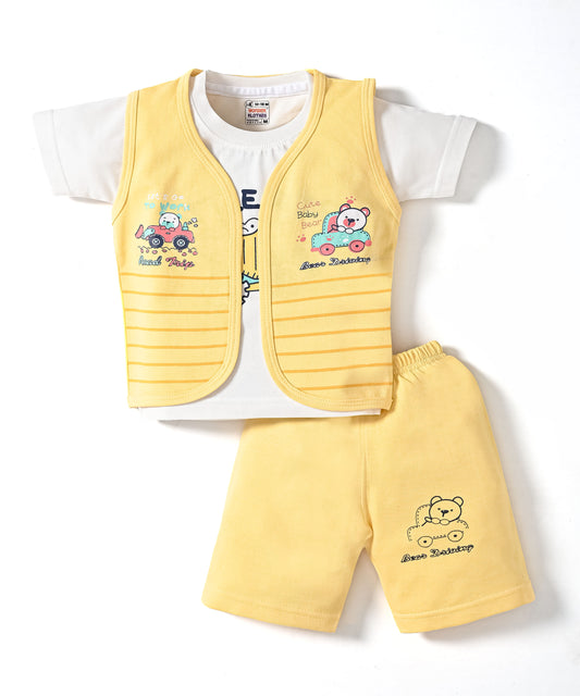 Driving Bear 3-Piece Half Sleeves T-Shirt & Half Pant Set with Sleeveless Jacket | Yellow