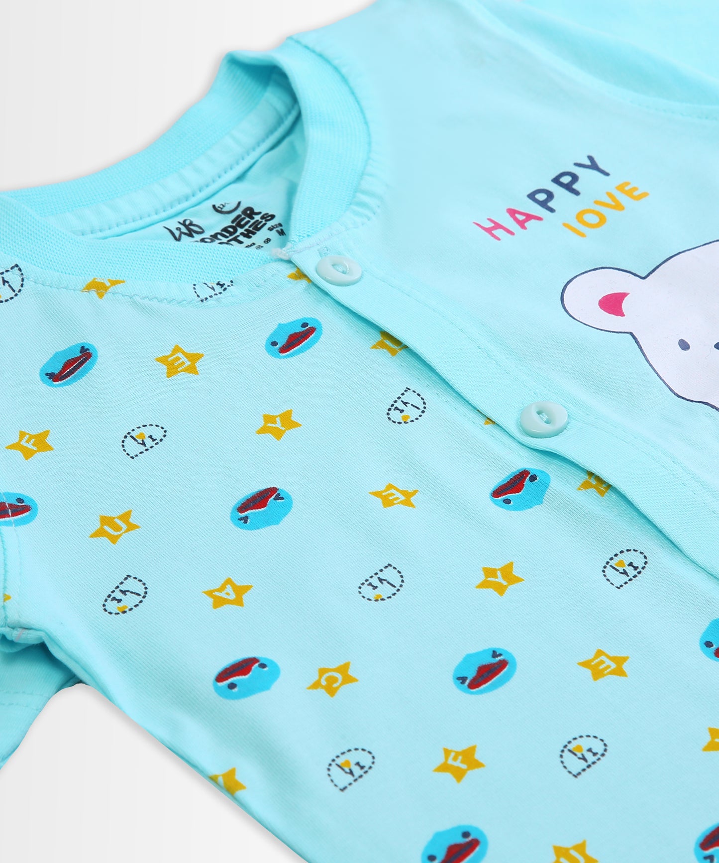 Happy Bear Half Sleeves Front Open T-Shirt & Half Pant Set | Blue