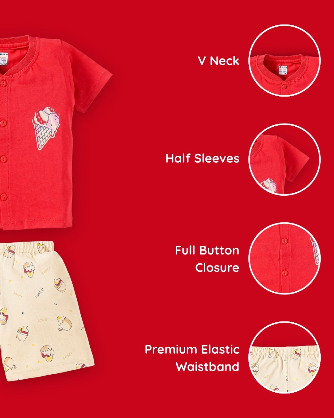 Sweet Scoops Half Sleeves Front Open T-Shirt & Half Pant Set | Red
