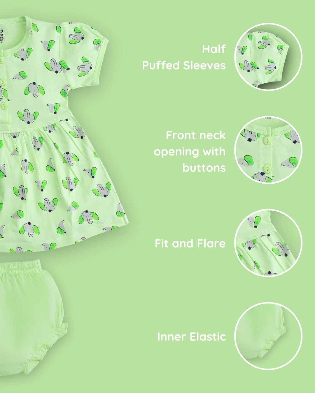 Elephant Half Sleeves Frock & Bloomer Pant Set | Green