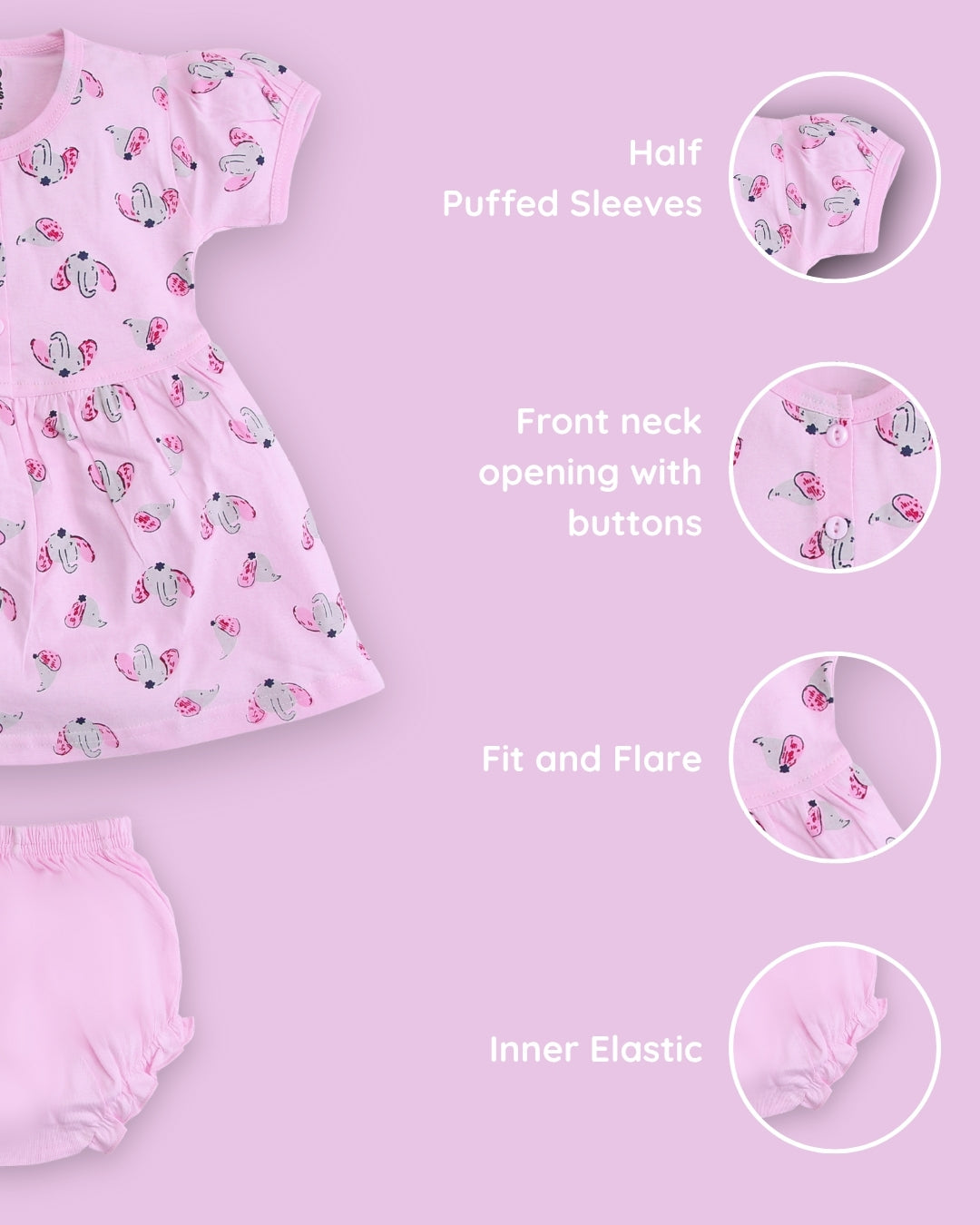 Elephant Half Sleeves Frock & Bloomer Pant Set | Pink
