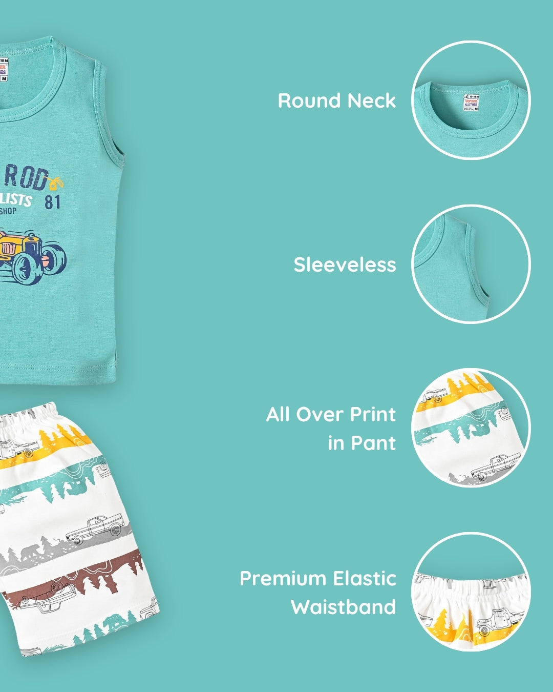 Hot Rod Racer Sleeveless T-Shirt & Half Pant Set | Green