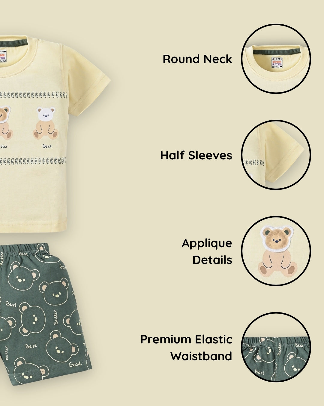 Teddy Trio Half Sleeves T-Shirt & Half Pant Set | Green