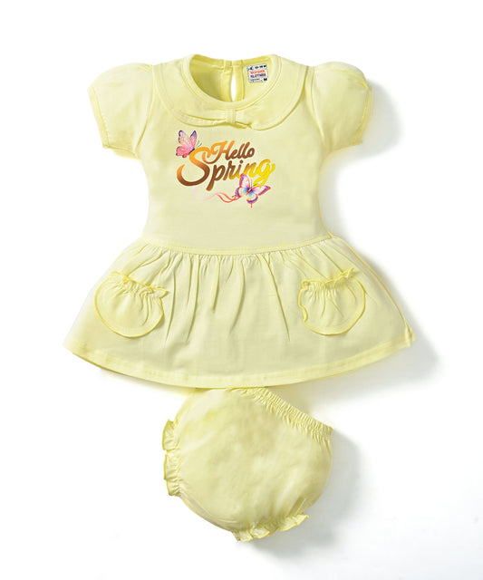 Hello Spring Half Sleeves Frock & Bloomer Pant Set | Yellow