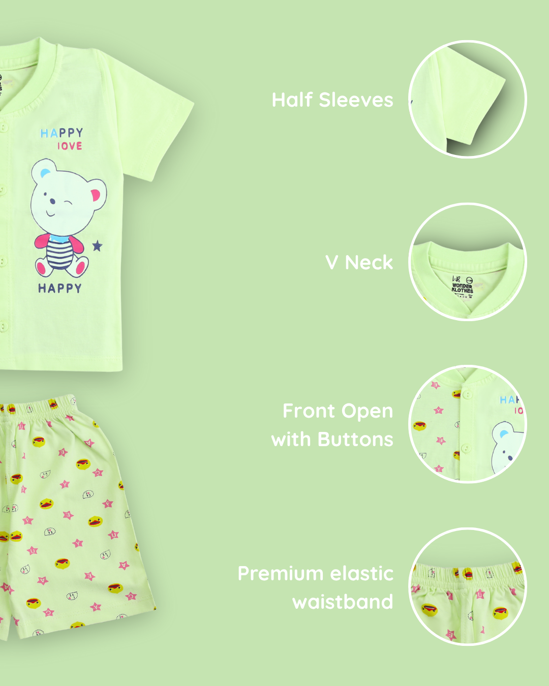 Happy Bear Half Sleeves Front Open T-Shirt & Half Pant Set | Green