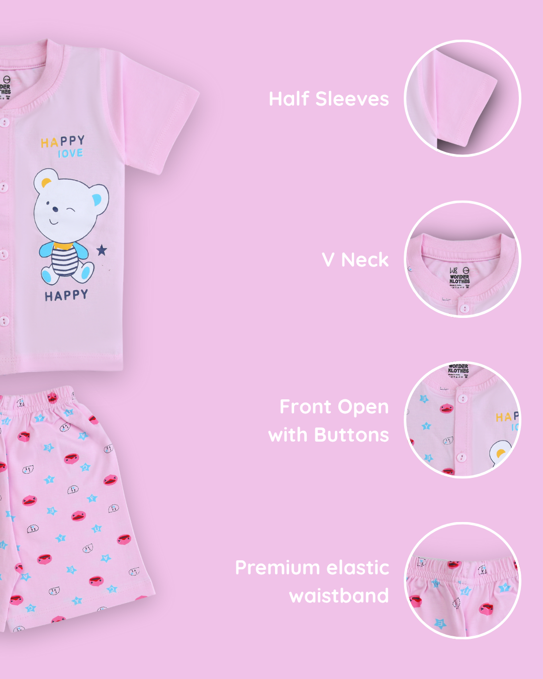 Happy Bear Half Sleeves Front Open T-Shirt & Half Pant Set | Pink