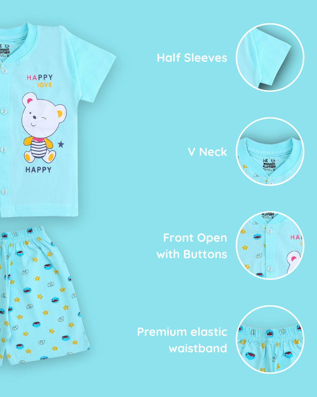Happy Bear Half Sleeves Front Open T-Shirt & Half Pant Set | Blue