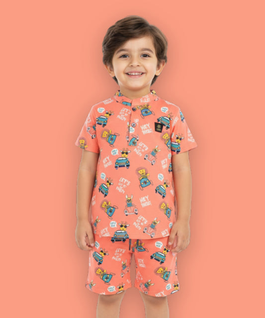 Animal Safari Half Sleeves T-Shirt & Shorts Set | Orange