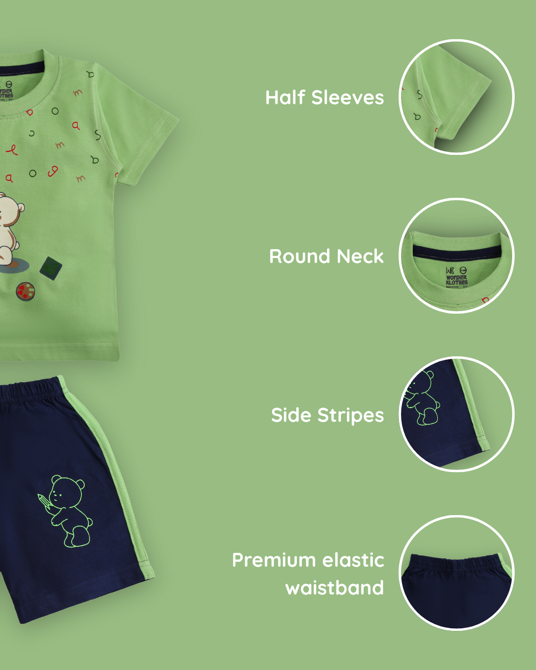 Teddy Alphabet Half Sleeves T-Shirt & Half Pant Set | Green