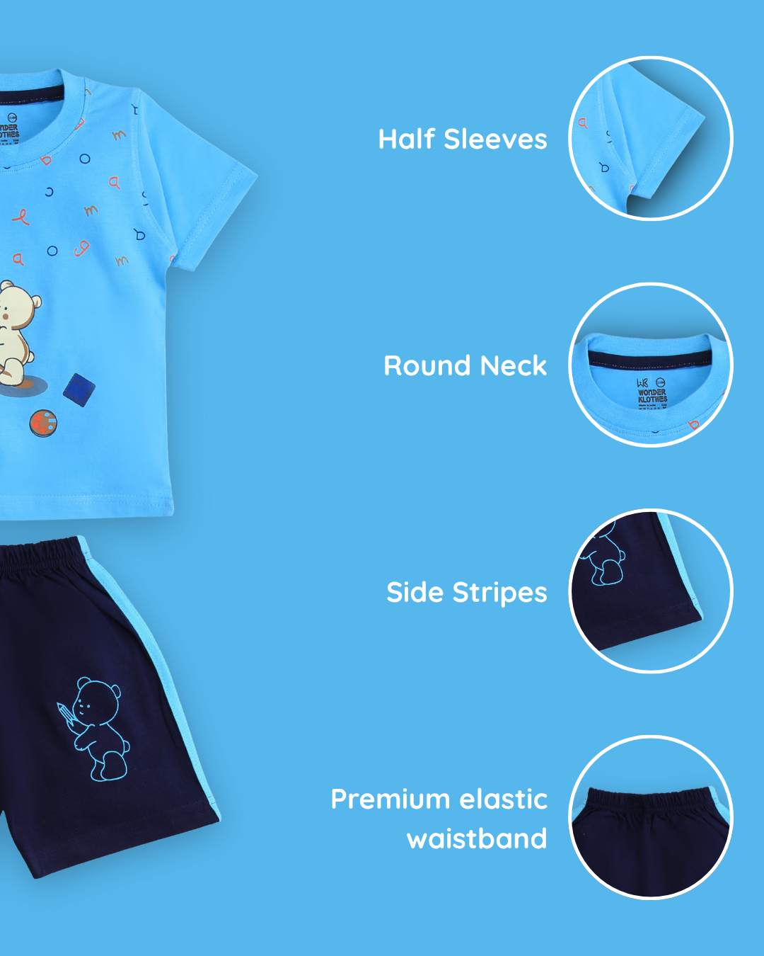 Teddy Alphabet Half Sleeves T-Shirt & Half Pant Set | Blue