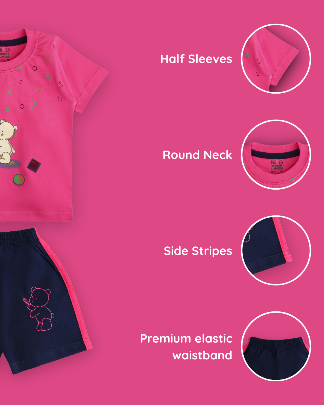 Teddy Alphabet Half Sleeves T-Shirt & Half Pant Set | Pink