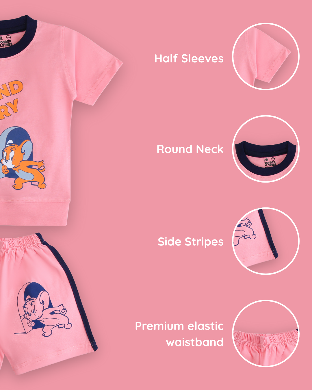 Tom and Jerry Half Sleeves T-Shirt & Half Pant Set | Pink