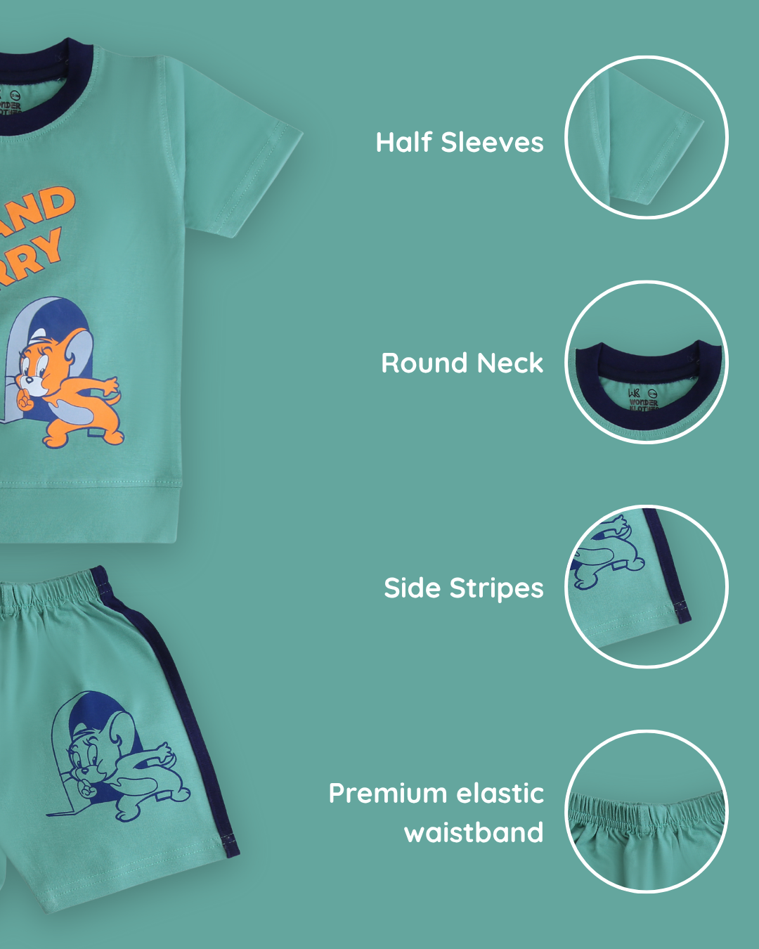 Tom and Jerry Half Sleeves T-Shirt & Half Pant Set | Green