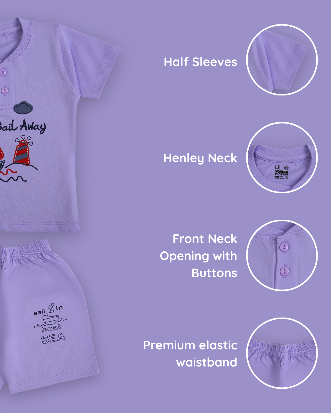 Sail Away Half Sleeves T-Shirt & Half Pant Set | Violet