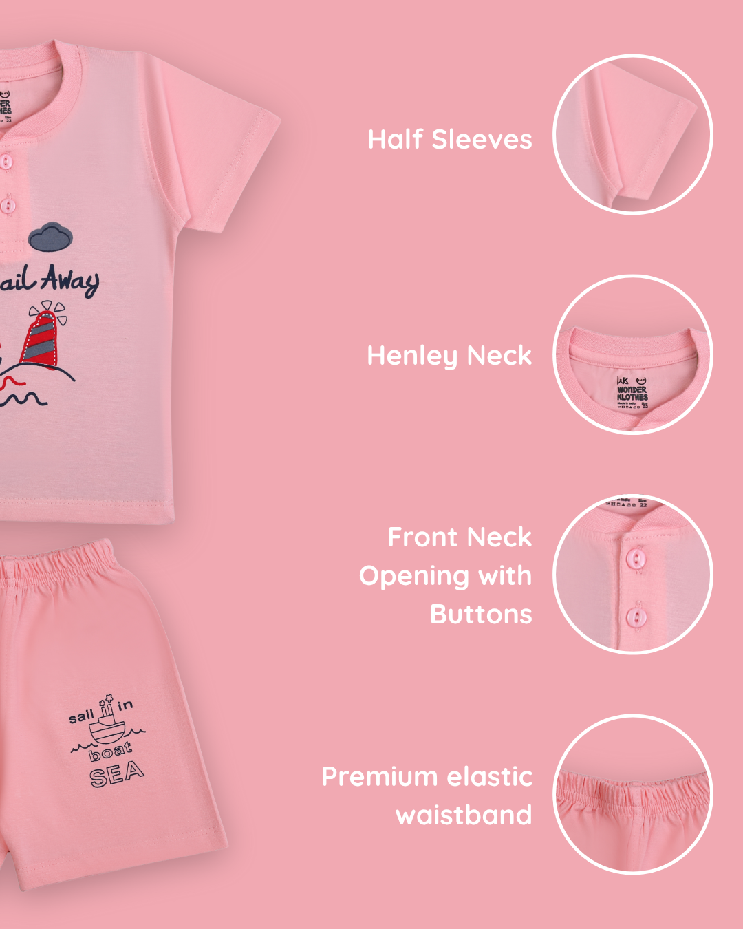 Sail Away Half Sleeves T-Shirt & Half Pant Set | Pink