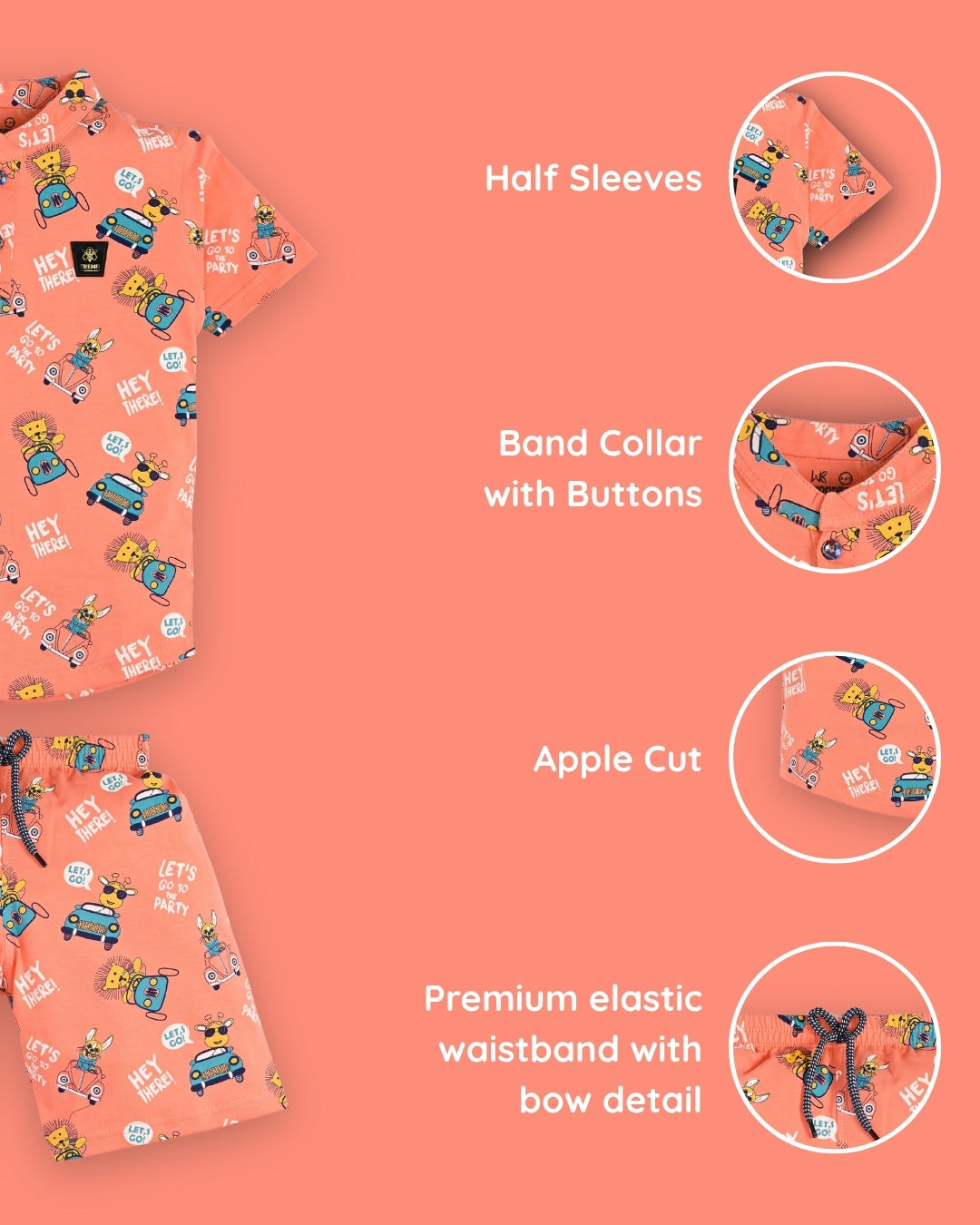 Animal Safari Half Sleeves T-Shirt & Shorts Set | Orange