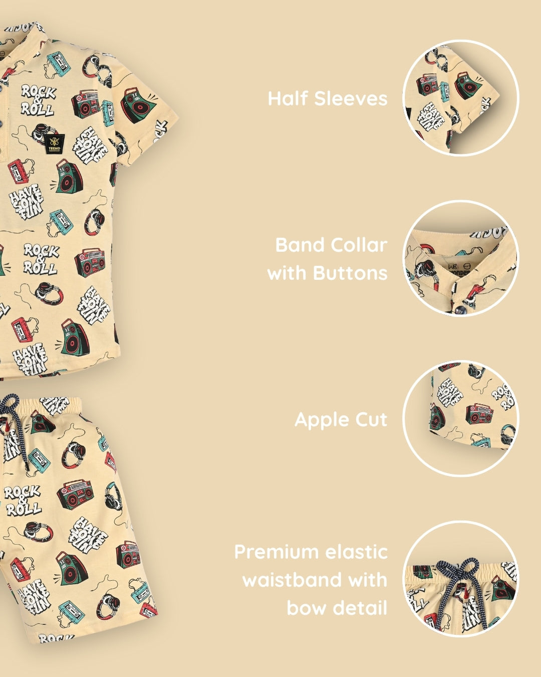 Music Gadgets Half Sleeves T-Shirt & Shorts Set | Beige