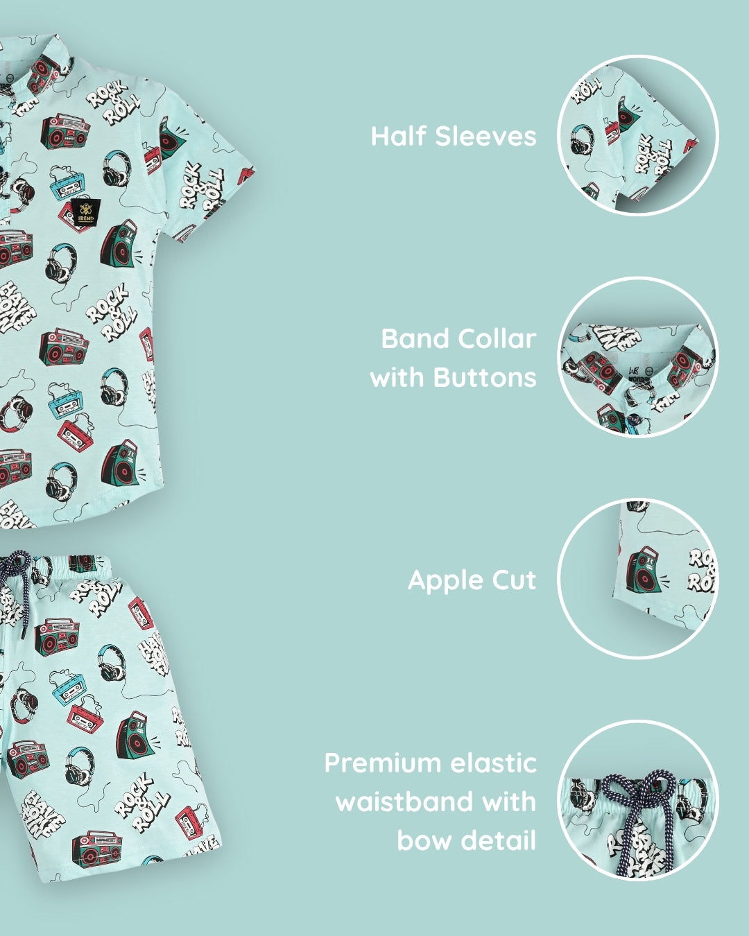 Music Gadgets Half Sleeves T-Shirt & Shorts Set | Blue