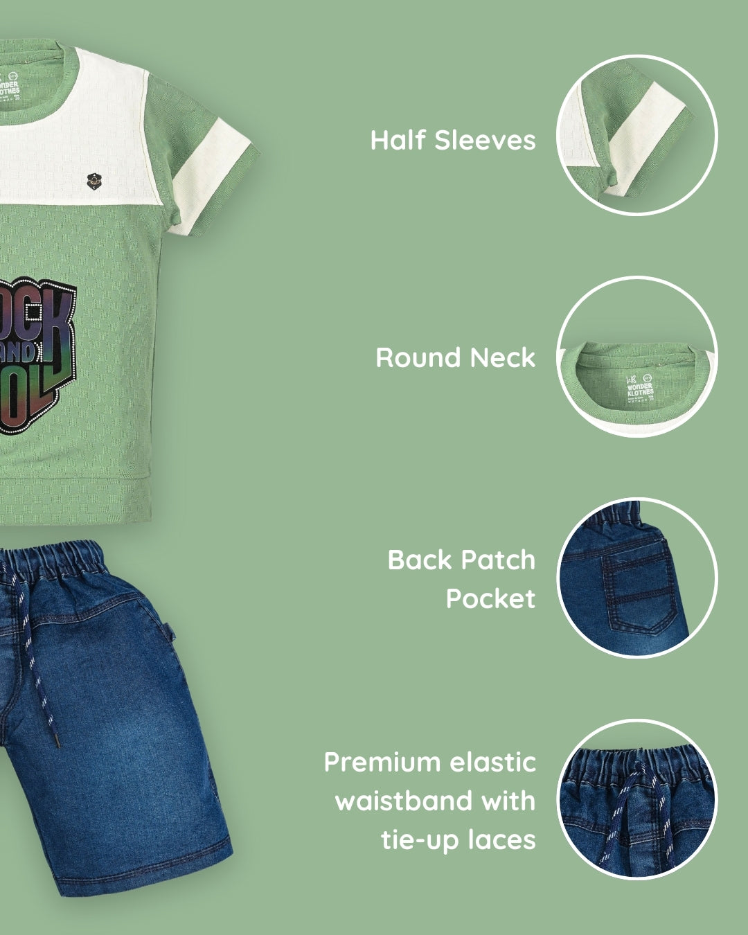 Rock and Roll Premium Half Sleeves T-Shirt & Denim Shorts Set | Green