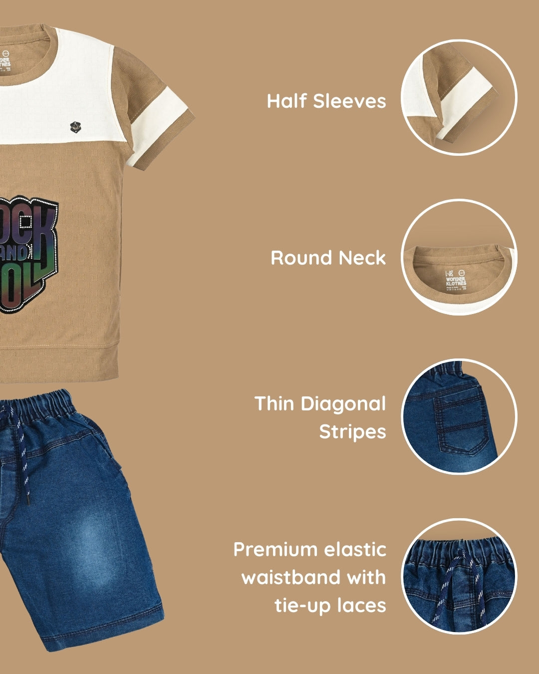 Rock and Roll Premium Half Sleeves T-Shirt & Denim Shorts Set | Brown