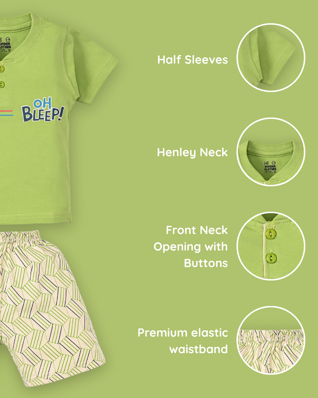 Oh Bleep Half Sleeves T-Shirt & Half Pant Set | Green