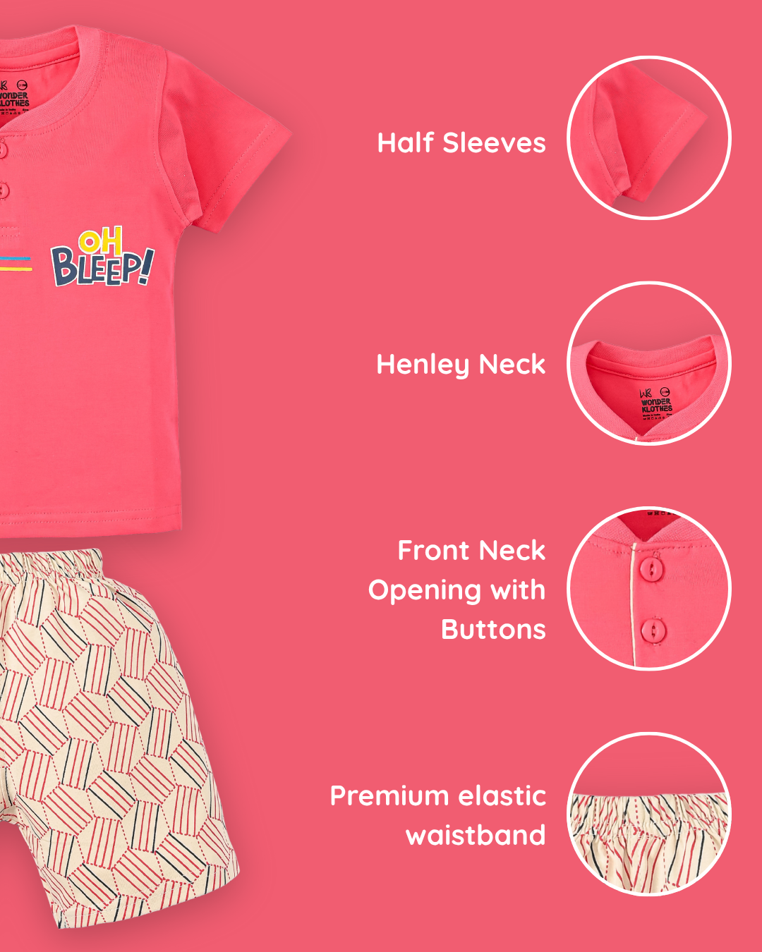 Oh Bleep Half Sleeves T-Shirt & Half Pant Set | Pink