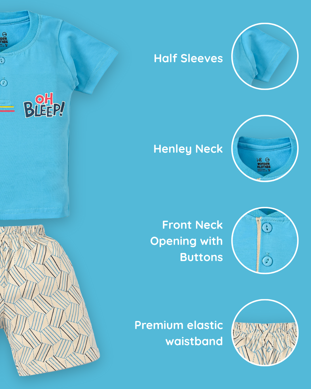 Oh Bleep Half Sleeves T-Shirt & Half Pant Set | Blue
