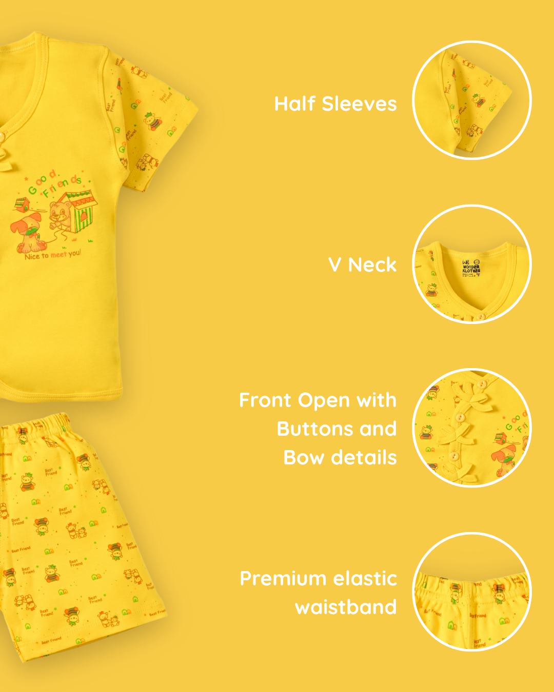 Friends Half Sleeves Front Open T-Shirt & Half Pant Set | Yellow