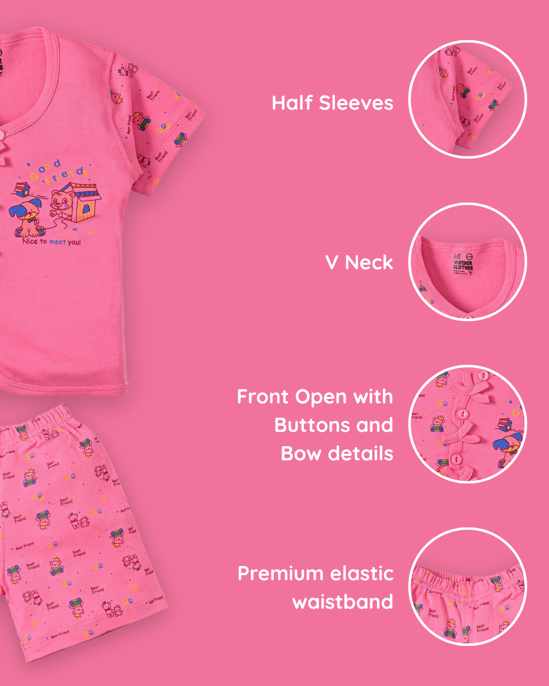 Friends Half Sleeves Front Open T-Shirt & Half Pant Set | Pink