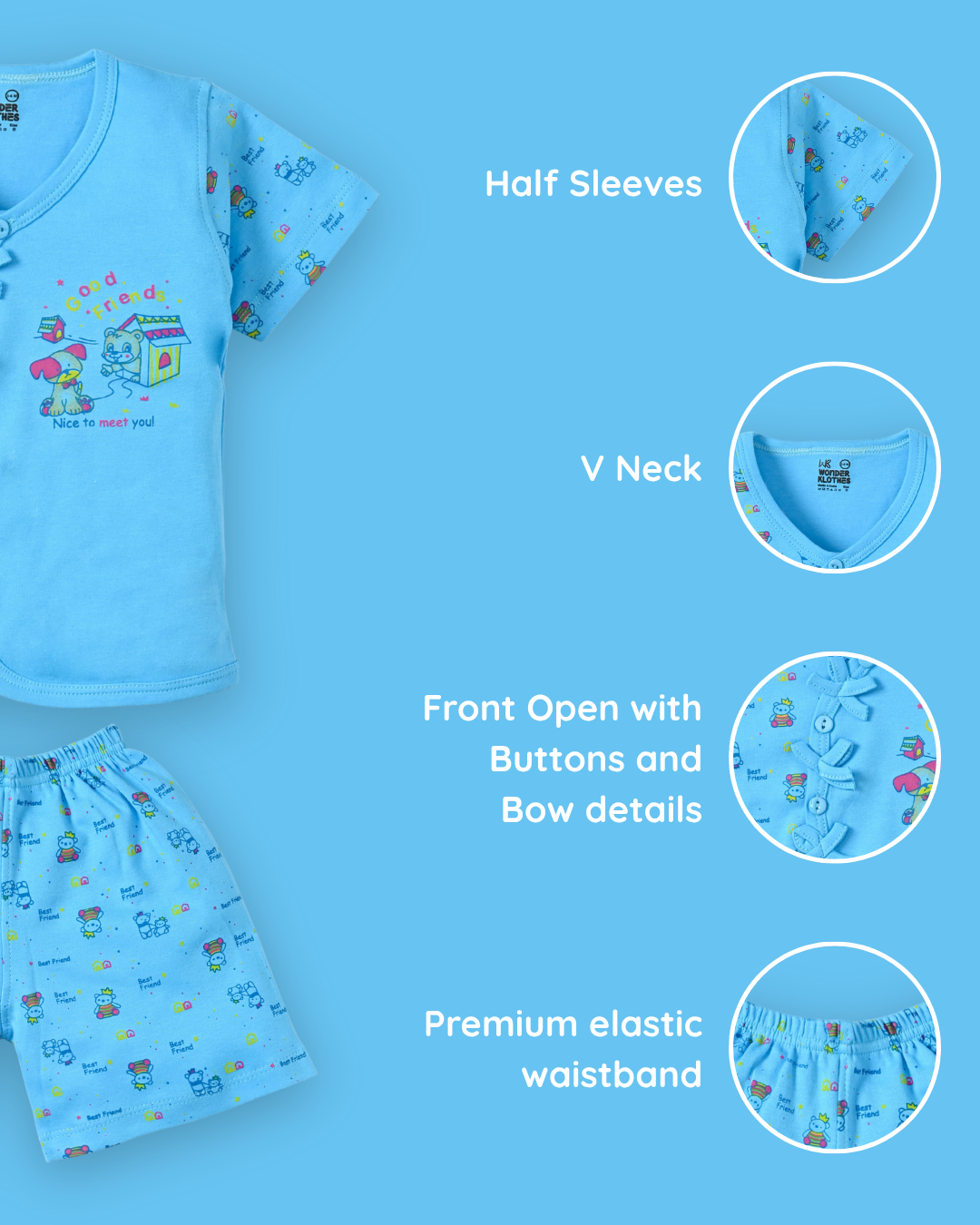 Friends Half Sleeves Front Open T-Shirt & Half Pant Set | Blue