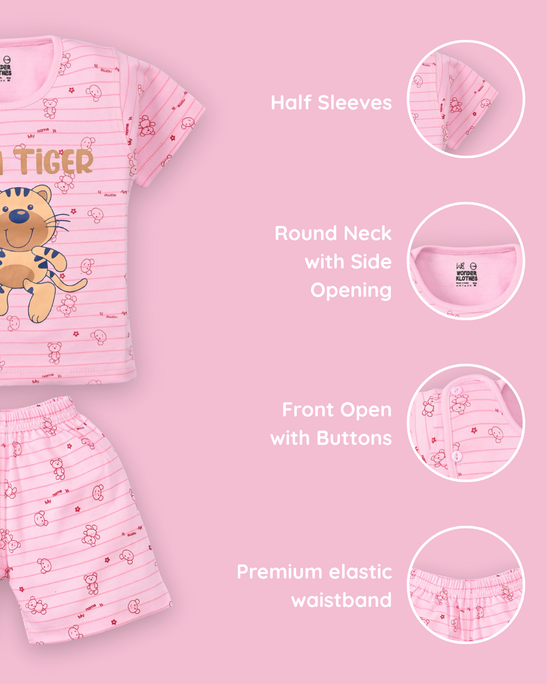 I Am Tiger Half Sleeves Front Open T-Shirt & Half Pant Set | Pink