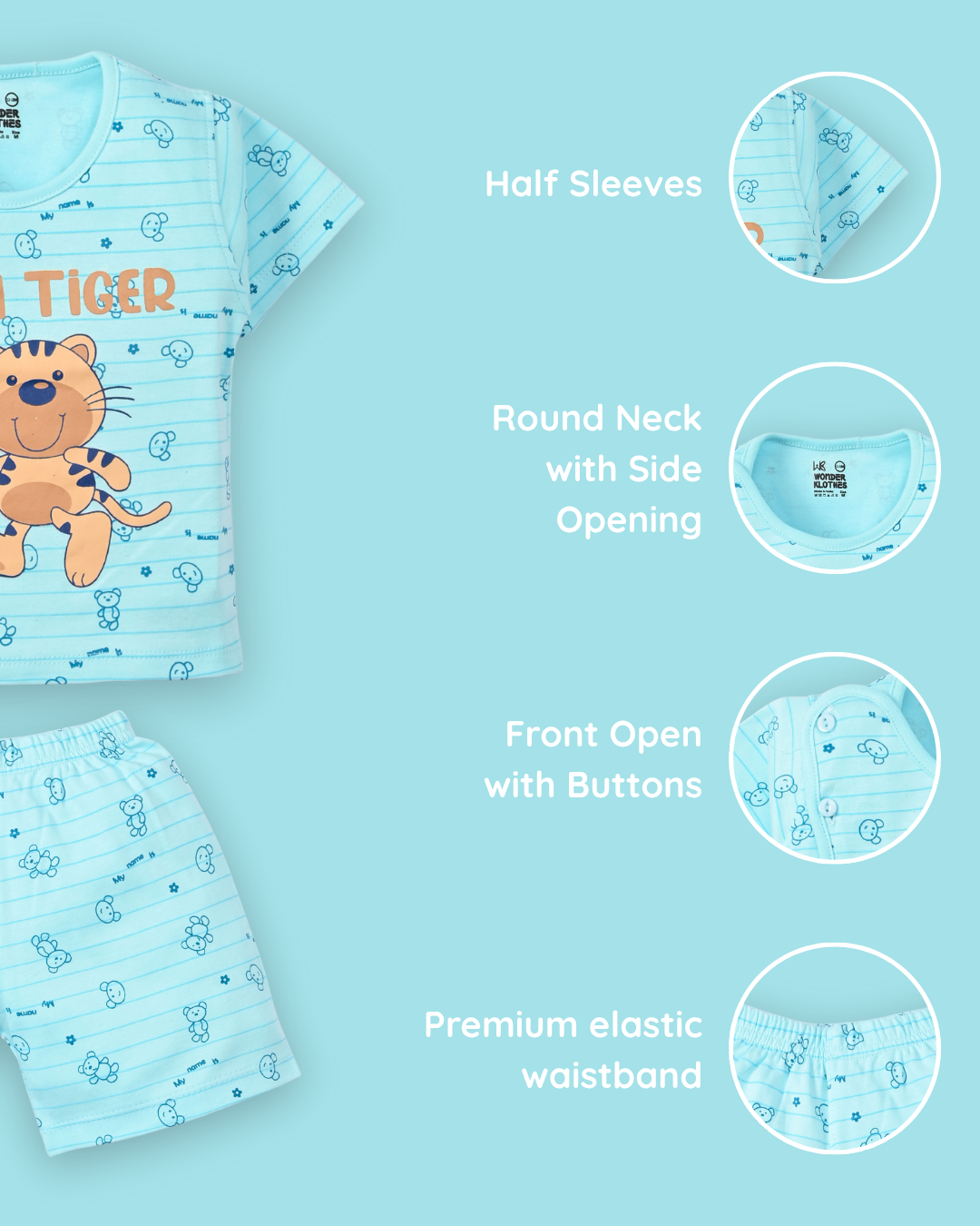 I Am Tiger Half Sleeves Front Open T-Shirt & Half Pant Set | Blue