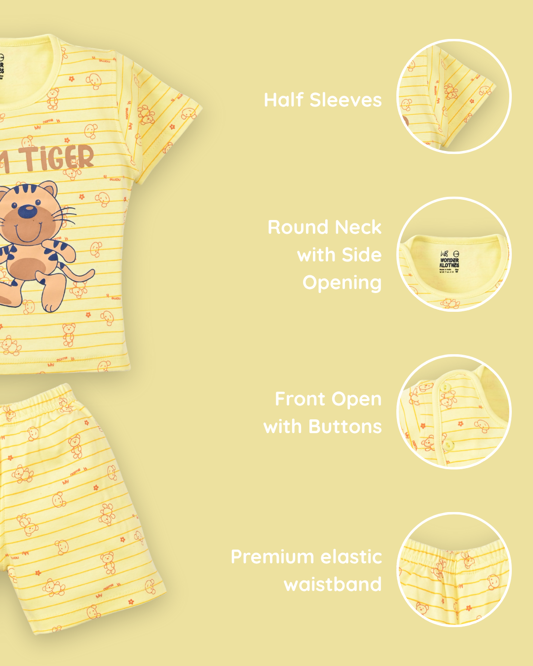 I Am Tiger Half Sleeves Front Open T-Shirt & Half Pant Set | Yellow