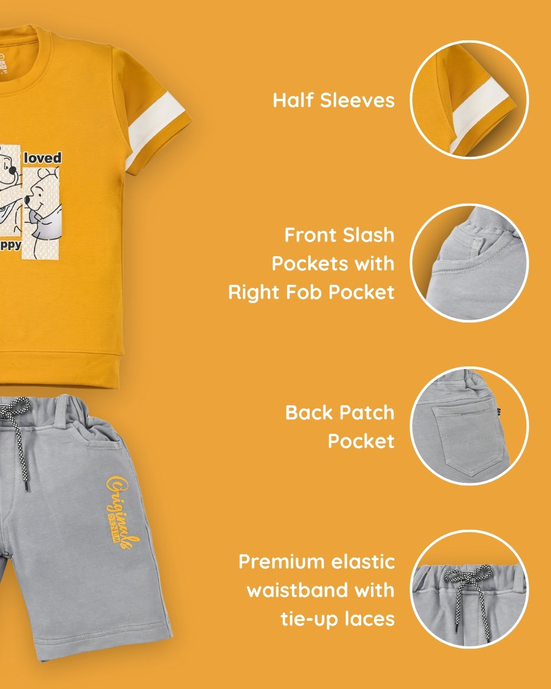 Happy Teddy Premium Half Sleeves T-Shirt & RFD Shorts Set | Yellow