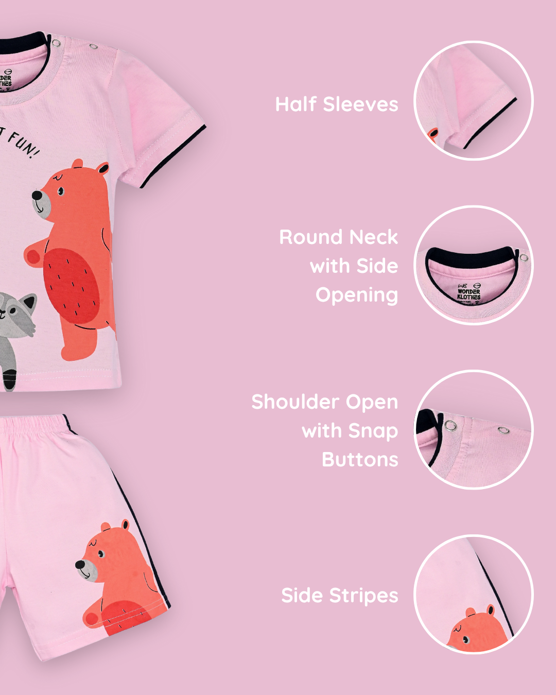 Oh What Fun Half Sleeves Shoulder Open T-Shirt & Half Pant Set | Pink