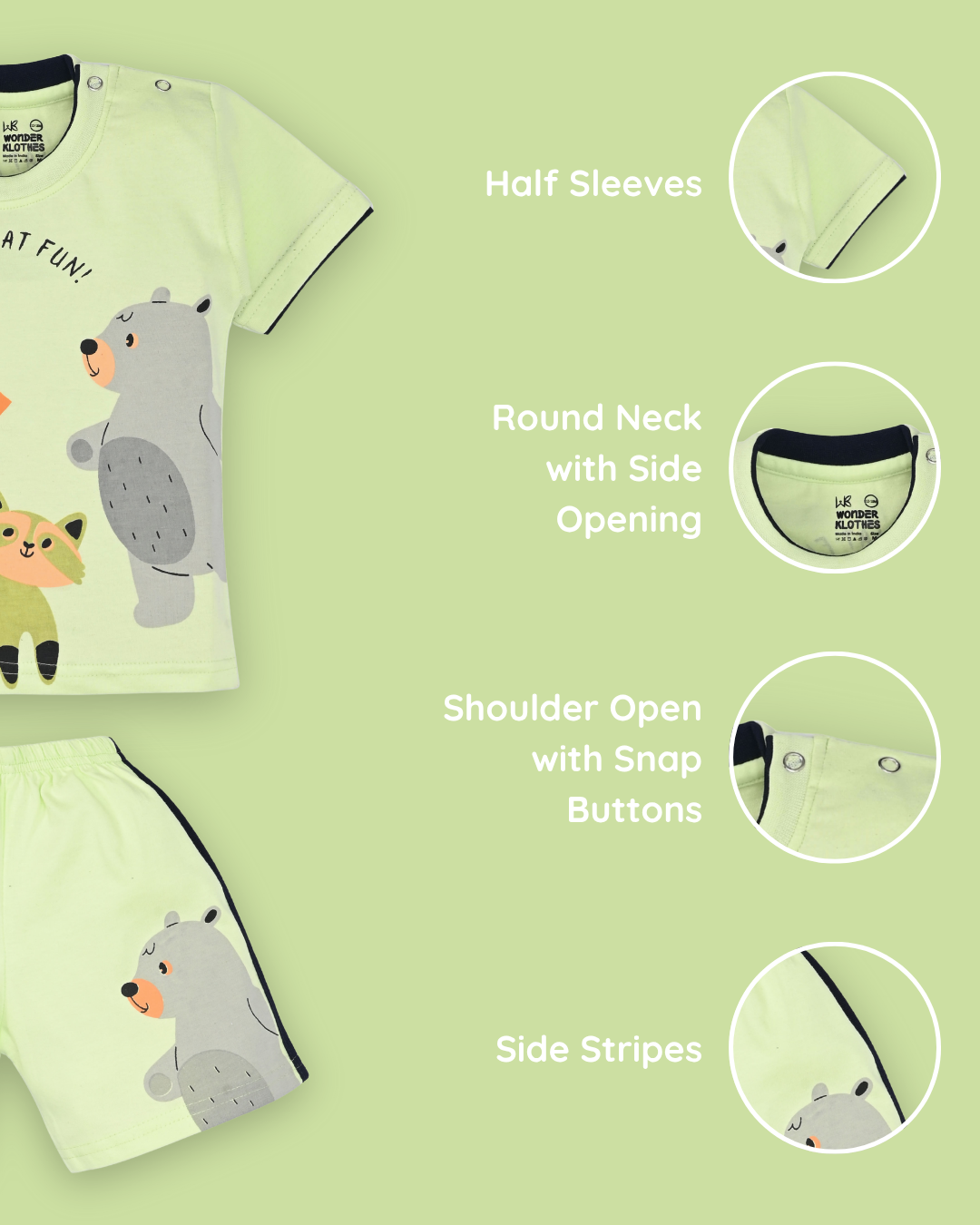 Oh What Fun Half Sleeves Shoulder Open T-Shirt & Half Pant Set | Green