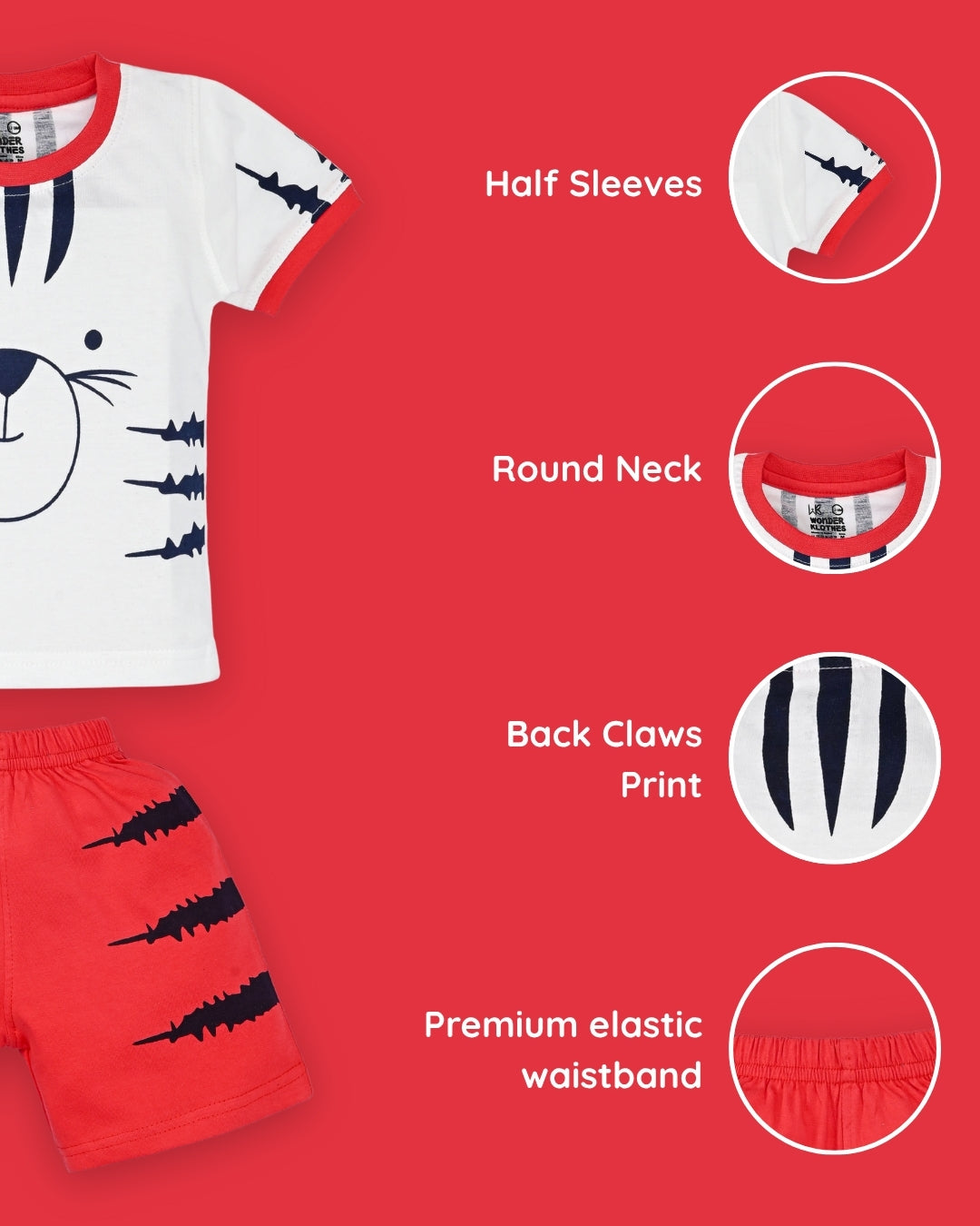 Tiger Claws Half Sleeves T-Shirt & Half Pant Set | Red