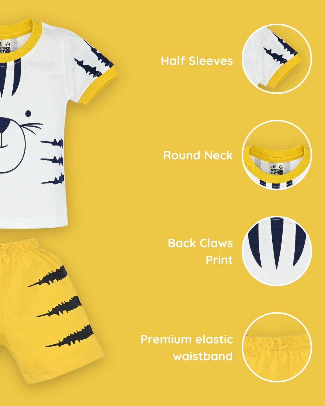 Tiger Claws Half Sleeves T-Shirt & Half Pant Set | Yellow