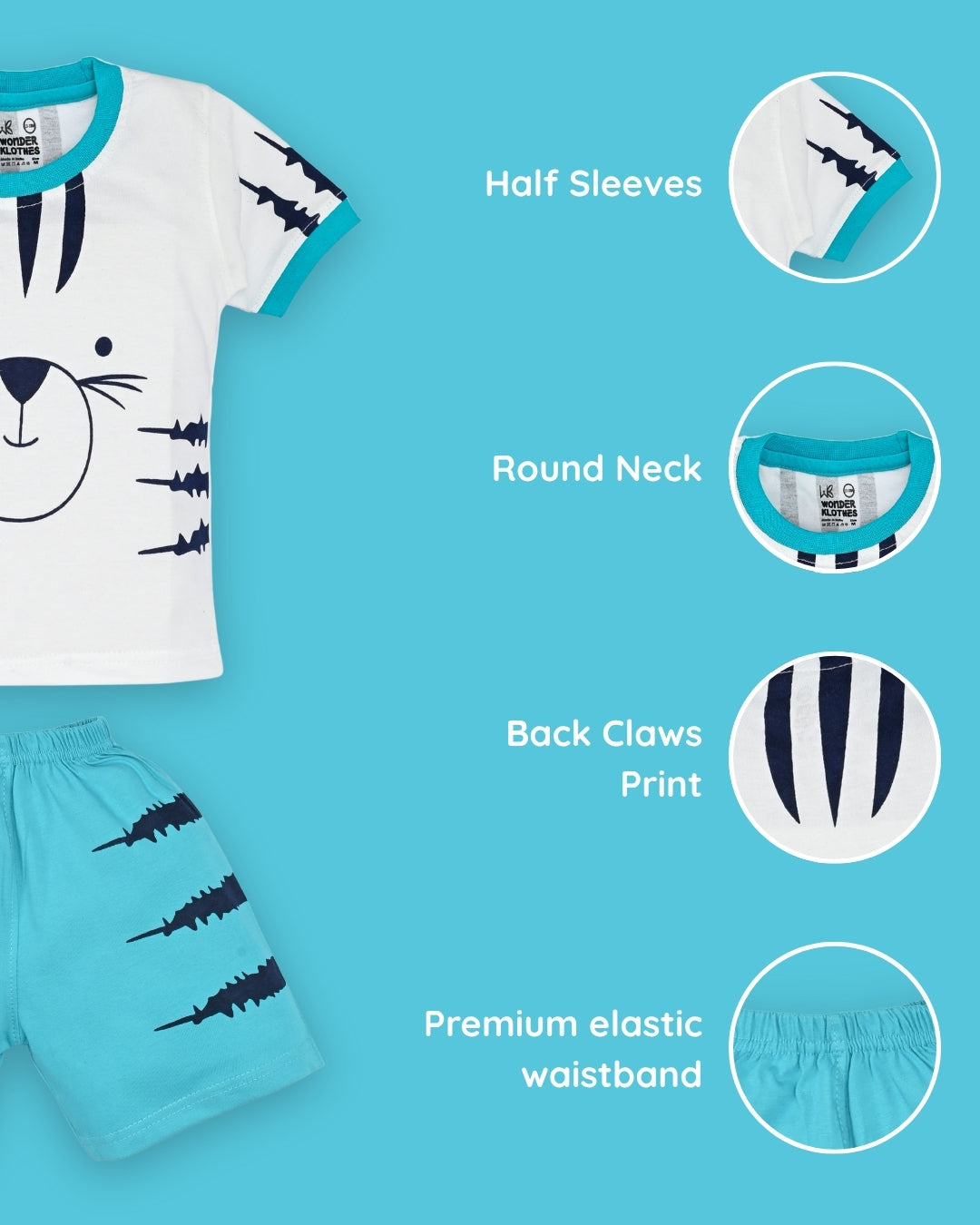 Tiger Claws Half Sleeves T-Shirt & Half Pant Set | Blue