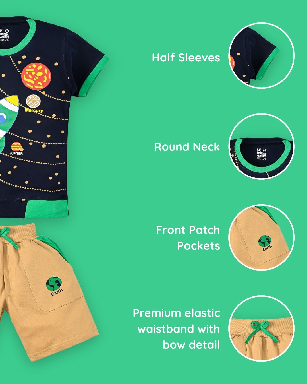 Space Explorer Half Sleeves T-Shirt & Shorts Set | Green
