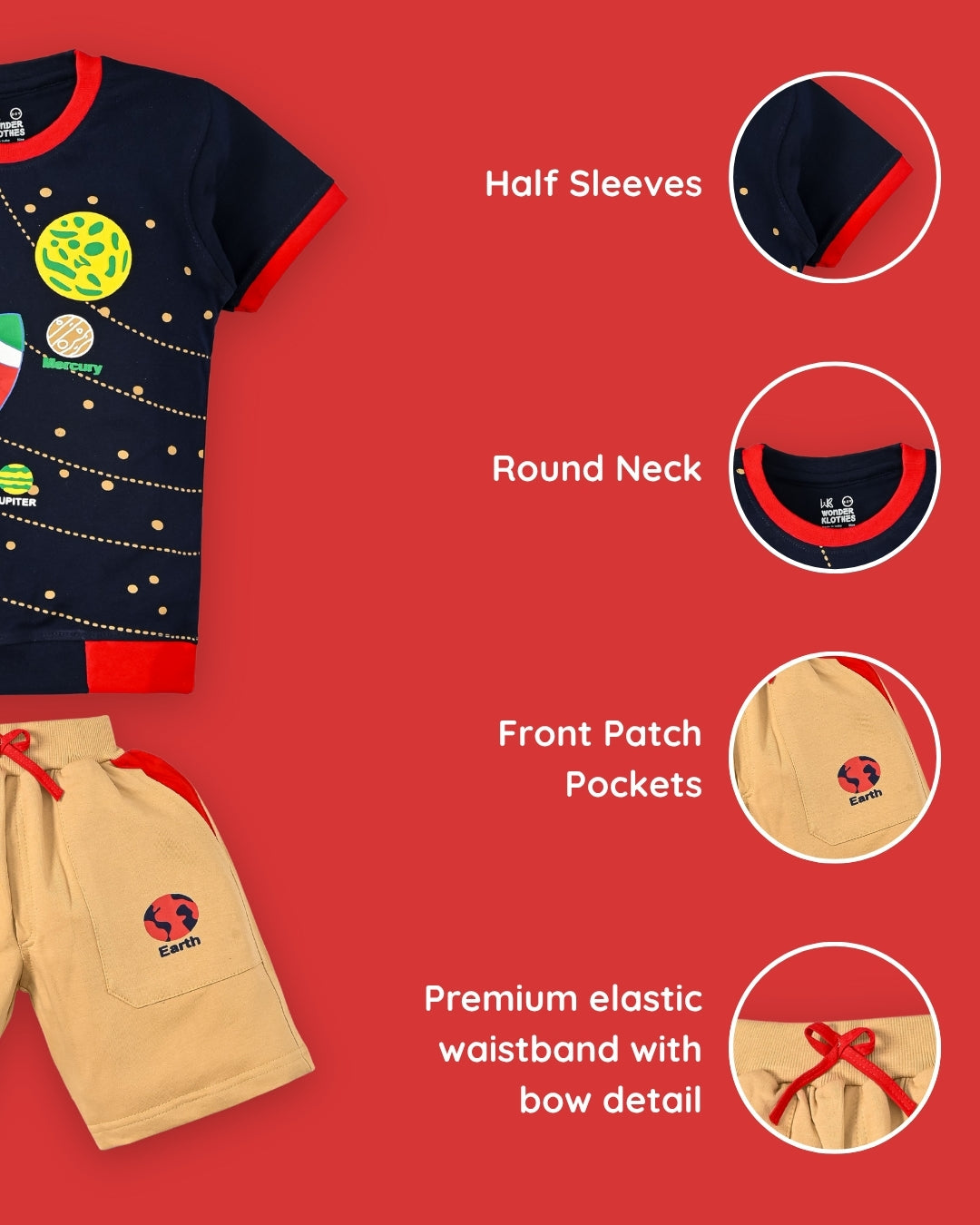 Space Explorer Half Sleeves T-Shirt & Shorts Set | Red