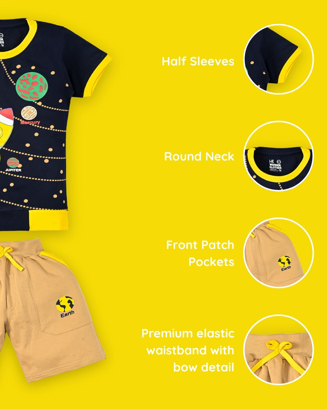 Space Explorer Half Sleeves T-Shirt & Shorts Set | Yellow