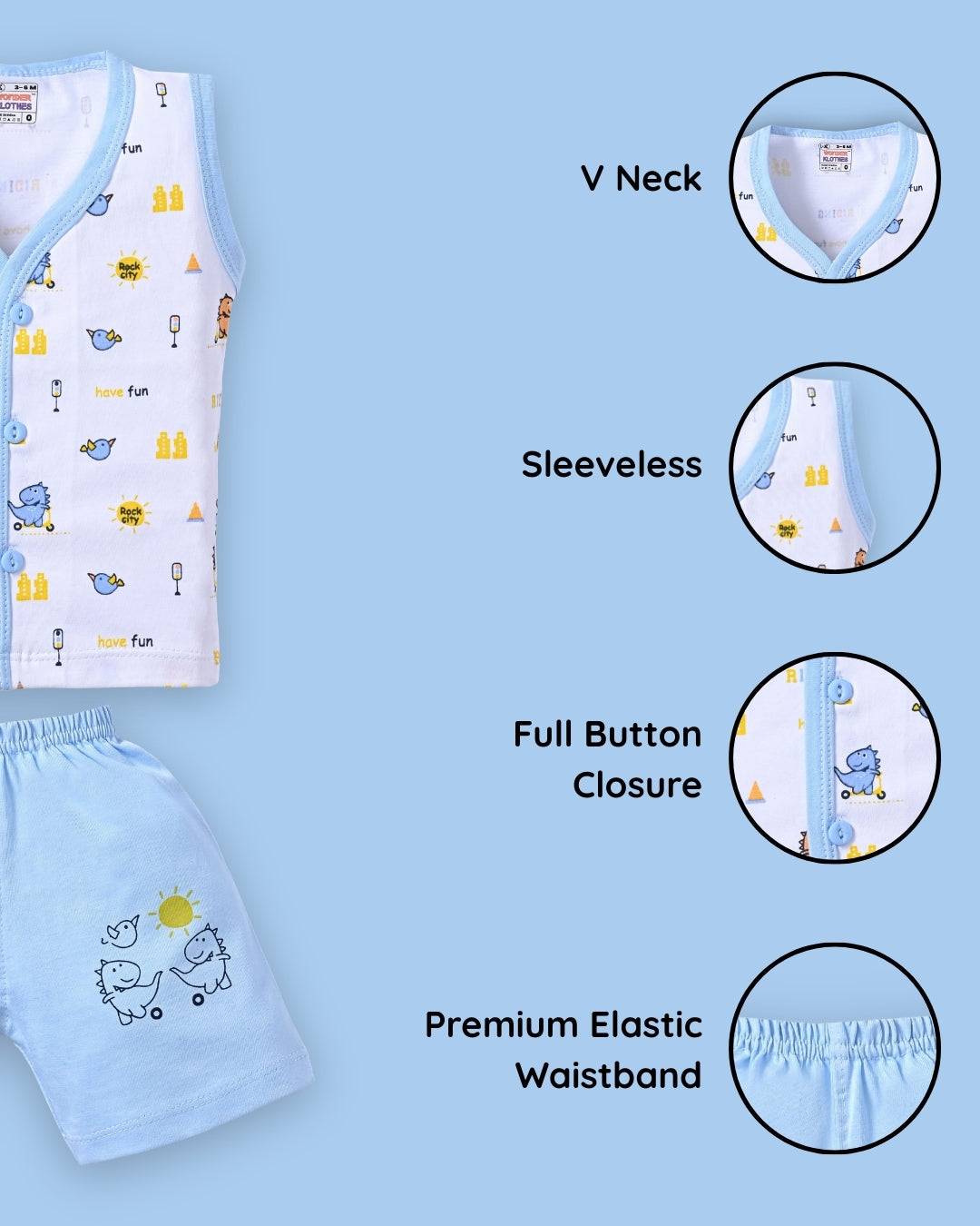 Dino Rides Half Sleeves & Sleeveless Front Open T-Shirt & Half Pant Set | Blue | Pack of 2