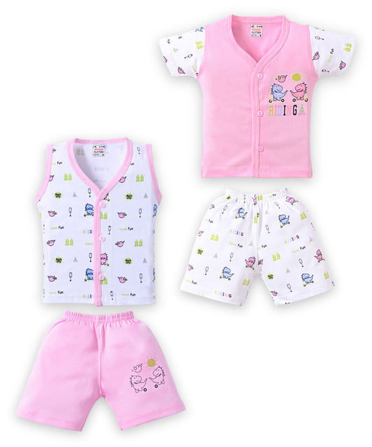 Dino Rides Half Sleeves & Sleeveless Front Open T-Shirt & Half Pant Set | Pink | Pack of 2