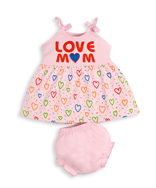 Love Mom Bandhani Straps Frock & Bloomer Pant Set | Pink