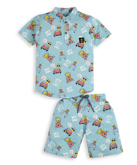Animal Safari Half Sleeves T-Shirt & Shorts Set | Blue
